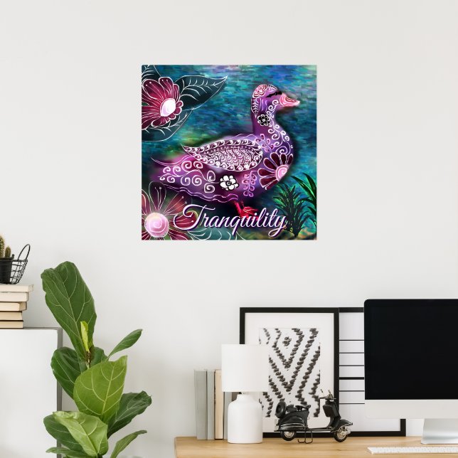 Whimsical Floral Duck Purple Teal Personalized Poster (Hemmakontoret)