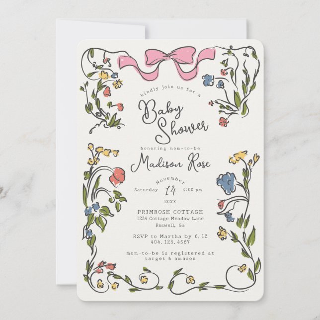Whimsical Floral Girl Doodle Baby Shower Invite (Framsida)