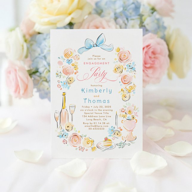 Whimsical Floral Hand Drawn Bow Engagement Party Inbjudningar (Pastel Floral Whimsical Engagement Party Invitations)