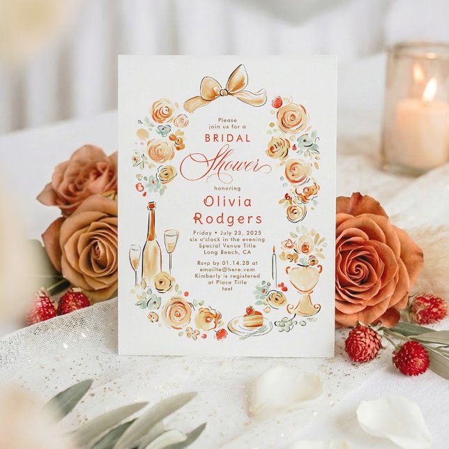 Whimsical Floral Hand Drawn Bow Fall Bridal Shower Inbjudningar (Terracotta Hand-illustrated Whimsical Chic Bridal Shower Invitation)