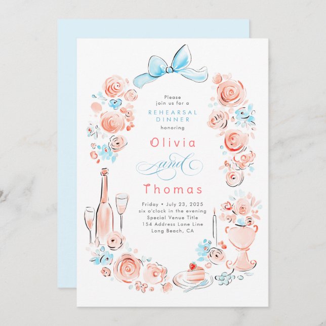 Whimsical Floral Hand Drawn Bow Rehearsal Dinner Inbjudningar (Fram/baksida)