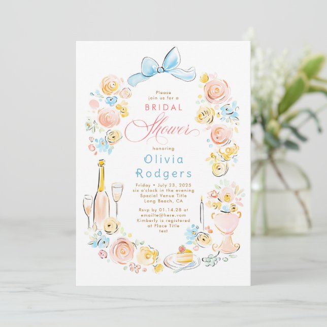 Whimsical Floral Hand Drawn Chic Bow Bridal Shower Inbjudningar (Stående Fram)