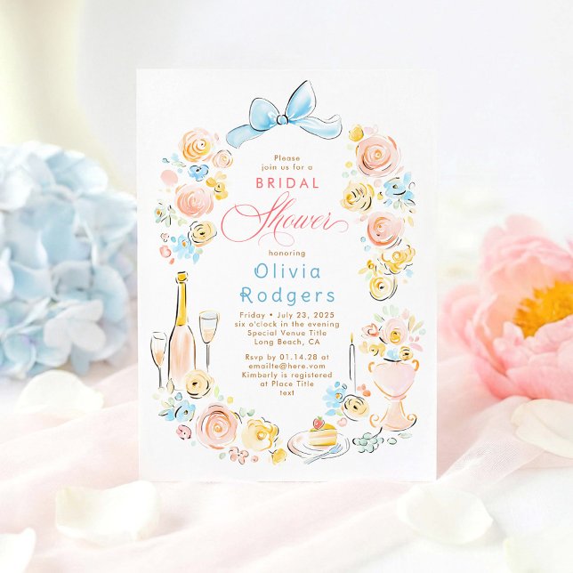Whimsical Floral Hand Drawn Chic Bow Bridal Shower Inbjudningar (Whimsical Pastel Floral Coquette Bow Bridal Shower Invitation)