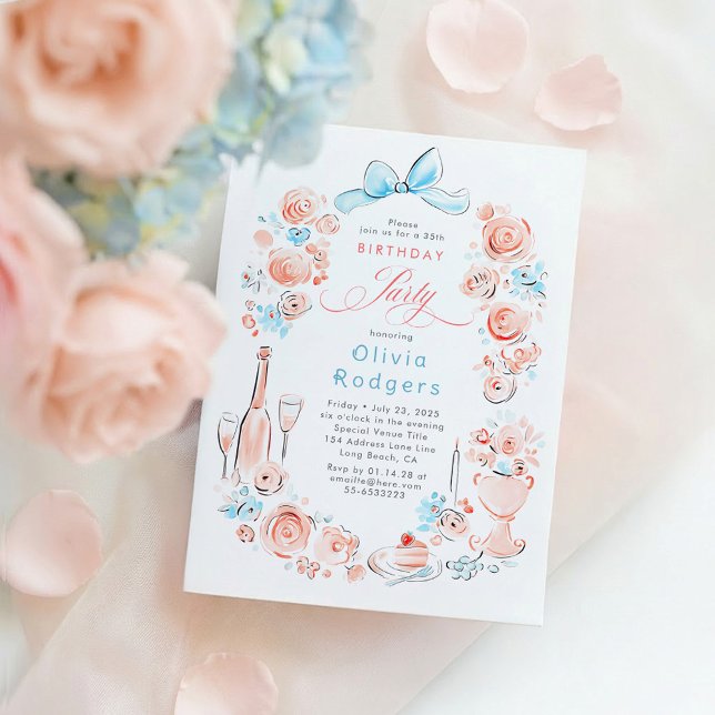 Whimsical Floral Hand Drawn Coquette Bow Birthday Inbjudningar (Dusty Blue and Pink Hand-drawn Floral Dinner Scene Whimsical Birthday Invitation)