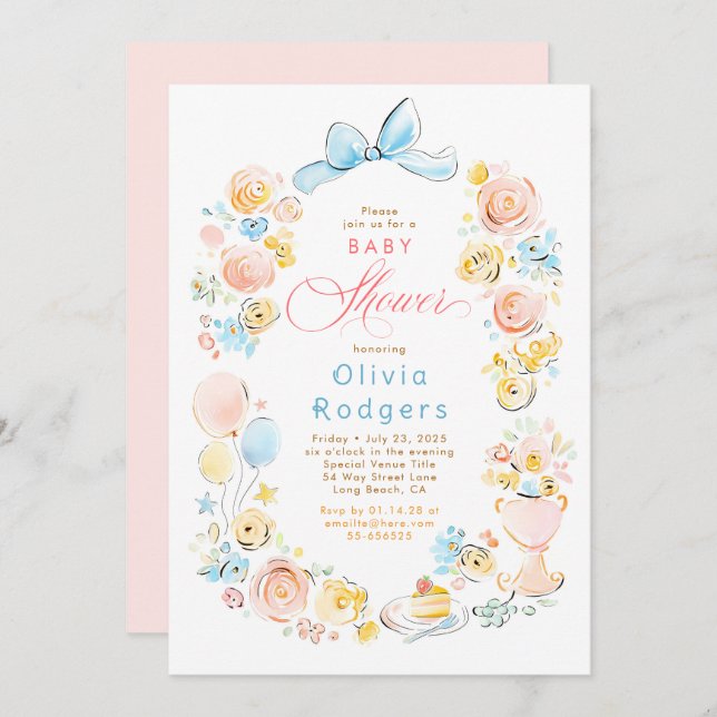 Whimsical Floral Hand Drawn Cute Bow Baby Shower Inbjudningar (Fram/baksida)