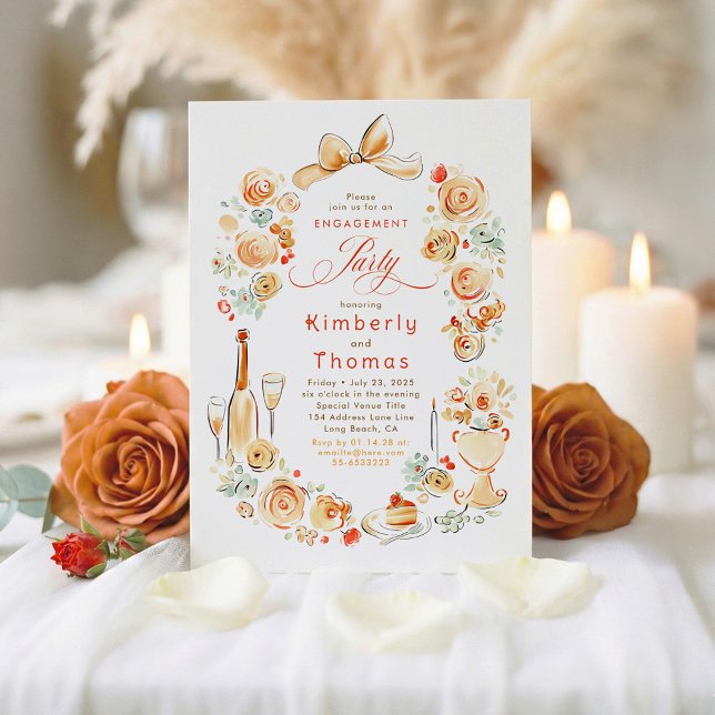 Whimsical Floral Hand Drawn Fall Engagement Party Inbjudningar (Terracotta Chic Hand-illustrated Fall Engagement Party Invitations)