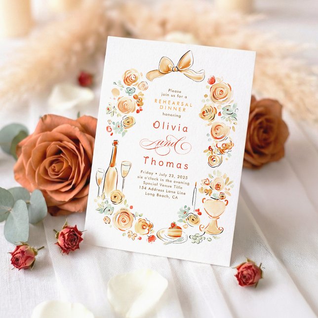 Whimsical Floral Hand Drawn Fall Rehearsal Dinner Inbjudningar (Terracotta Whimsical Chic Rehearsal Dinner Invitation)