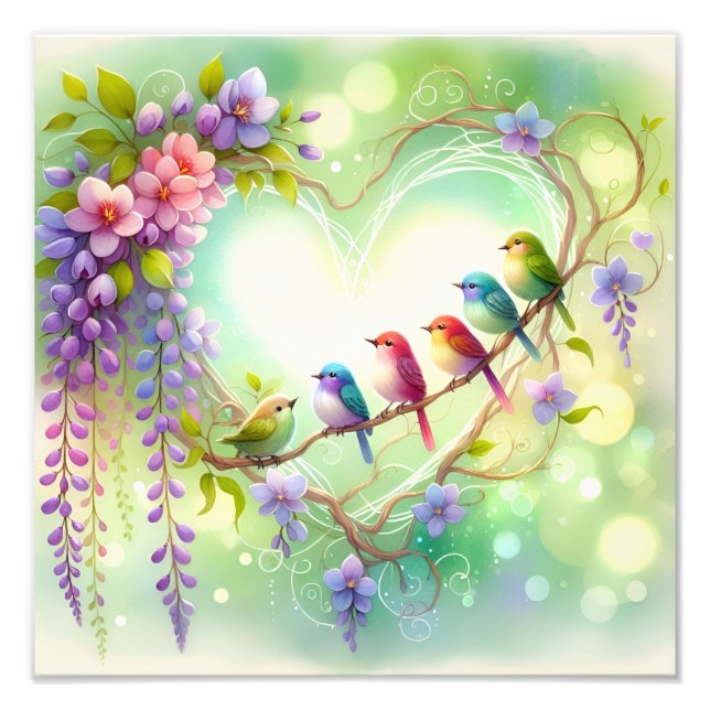 Whimsical Floral Heart Birds Watercolor Design Fototryck (Framsidan)