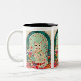 Whimsical Floral Meadow Cat Art Två-Tonad Mugg