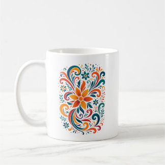 Whimsical Floral Swirl Mug - Orange Accent Handle Kaffemugg