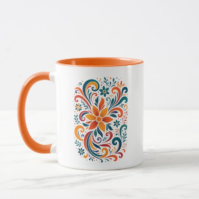 Whimsical Floral Swirl Mug - Orange  Accent Handle Mugg (Vänster)