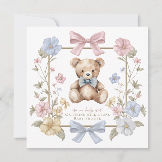 Whimsical Floral Teddy Bear Baby Shower QR code  Inbjudningar (Framsida)