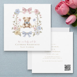 Whimsical Floral Teddy Bear Baby Shower QR code Inbjudningar