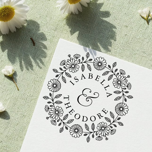 Whimsical Floral Wreath Self-Inking Couple's Stamp Självfärgande Stämpel (Skapare uppladdad)