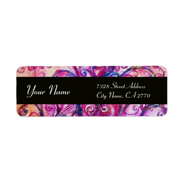 WHIMSICAL FLOURISHES Bright Rosa Lila Black Returadress Etikett (Framsidan)