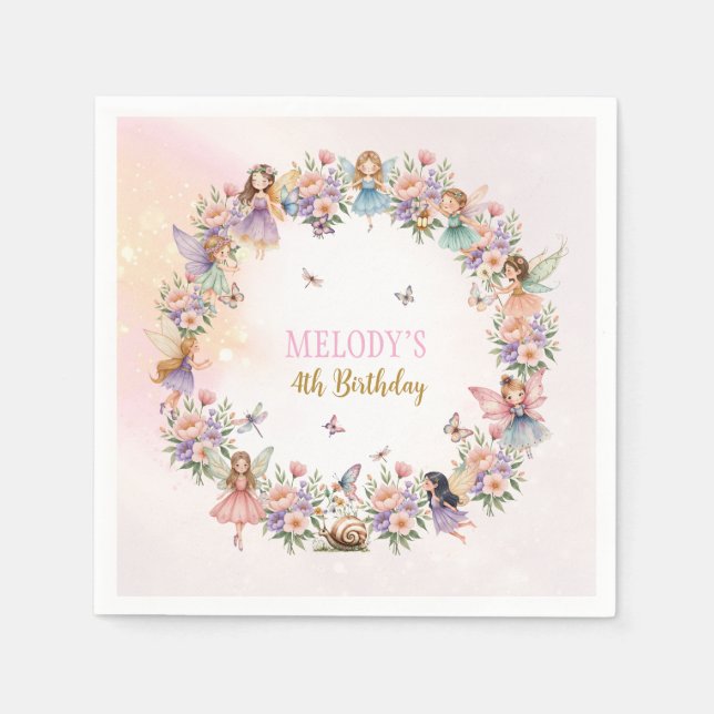 Whimsical flower fairy garden 4th birthday  pappersservett (Framsidan)