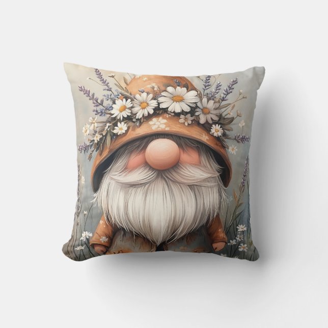 Whimsical Flower Gnome: Förtjusande akvarellkonst Kudde (Framsida)