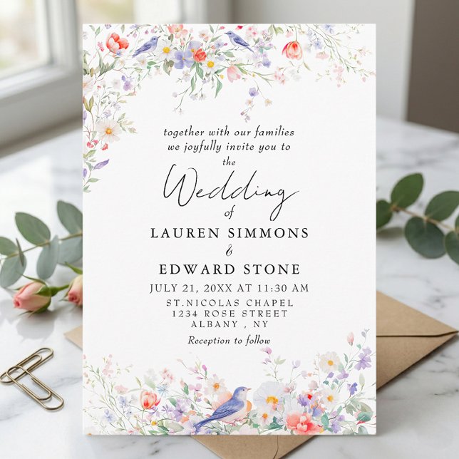 Whimsical Flowers & Blue Birds Watercolor Wedding Inbjudningar (Skapare uppladdad)