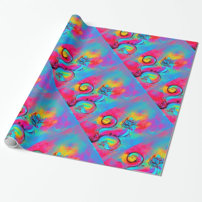 WHIMSICAL FLOWERS fuchsia rosa gult, tejblått Presentpapper (Utrullad)