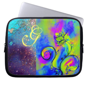 WHIMSICAL FLOWERS grönt gult fuchsia, blue Laptop Fodral