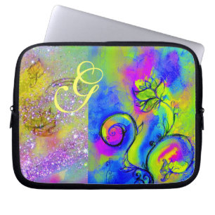 WHIMSICAL FLOWERS grönt gult fuchsia, blue Laptop Fodral