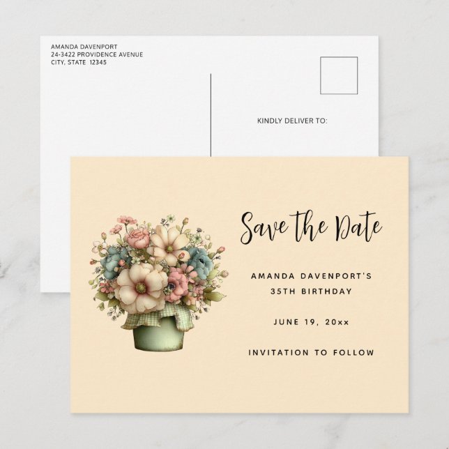 Whimsical Flowers in a Planter Pot Cute Meddelande Vykort (Fram/baksida)