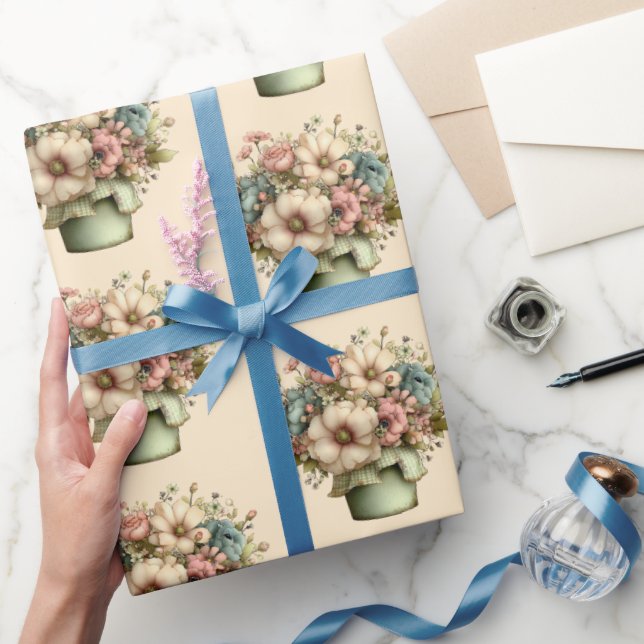 Whimsical Flowers in a Planter Pot Cute Pattern Presentpapper (Gifting)