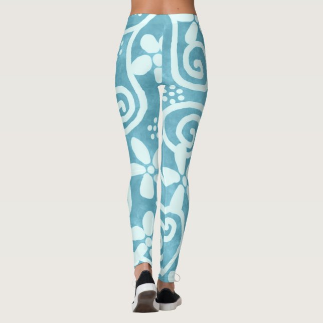 Whimsical Flowers & Swirls Blue White Pattern  Leggings (Baksida)