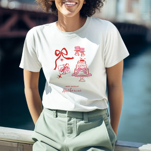 Whimsical Födelsedag Handritade Röda Rosa Klotter T Shirt
