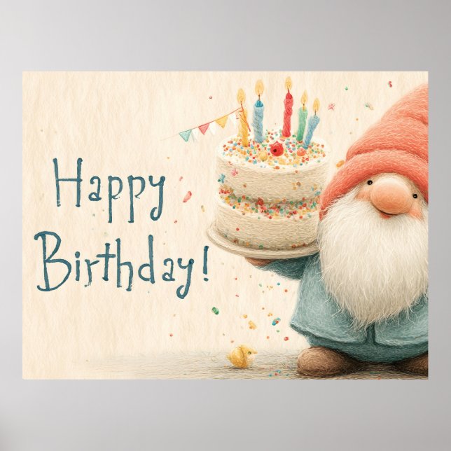 Whimsical Födelsedagsgratulation: Tomte som håller Poster (Framsidan)