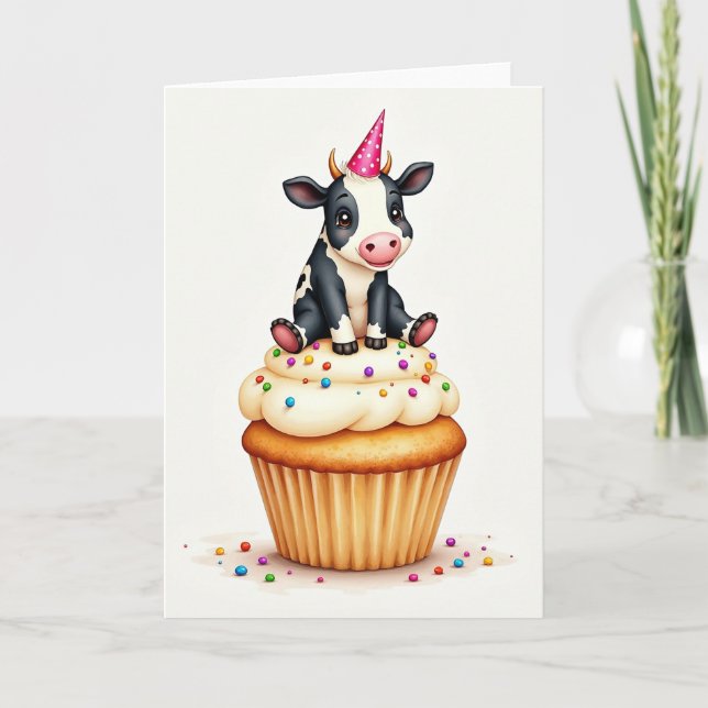 Whimsical Födelsedagskalv Cupcake-kort Kort (Framsida)