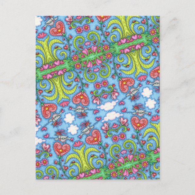 WHIMSICAL FOLK ART BIRD, VALENTINE HEARDEN GARDEN HELG VYKORT (Framsida)