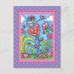 WHIMSICAL FOLK ART BIRD, VALENTINE HEARDEN GARDEN HELG VYKORT