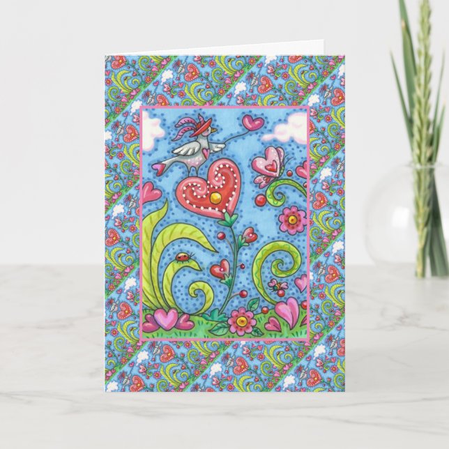 WHIMSICAL FOLK ART BIRD, VALENTINE HEARDEN GARDEN HELGKORT (Framsida)