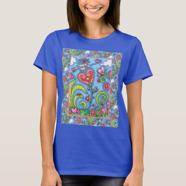 WHIMSICAL FOLK ART BIRD, VALENTINE HEARDEN GARDEN T SHIRT (Framsida)