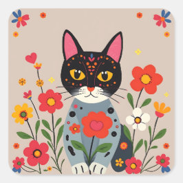 Whimsical Folk Art Black Cat and Flowers Fyrkantigt Klistermärke