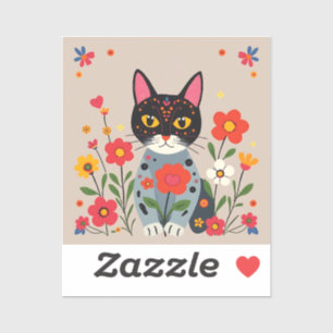 Whimsical Folk Art Black Cat and Flowers Klistermärken