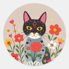Whimsical Folk Art Black Cat and Flowers Runt Klistermärke