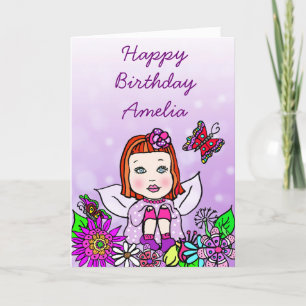 Whimsical Folk Art Fairy Girl Grattis på födelseda Kort