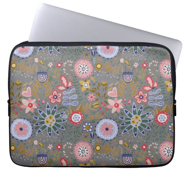 Whimsical Folk Art Flowers Grått Laptop Fodral (Framsidan)