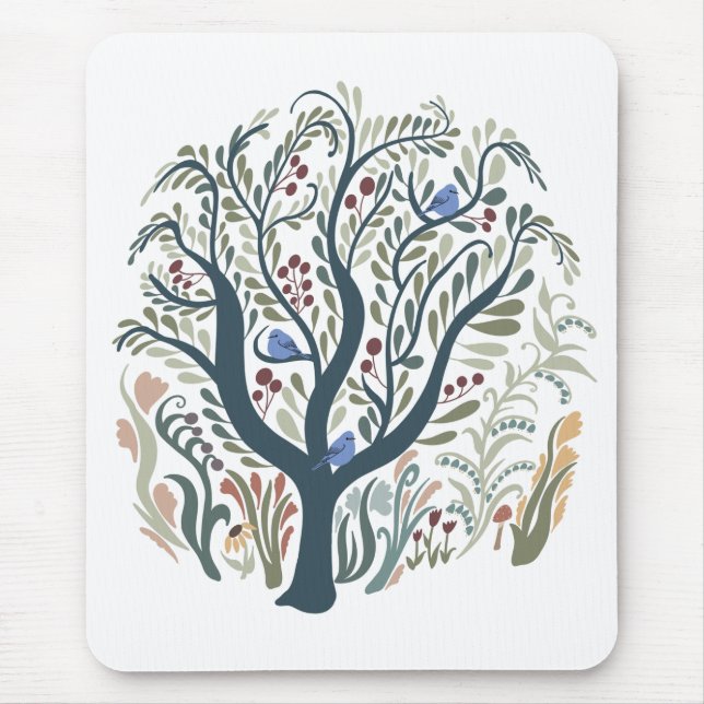 Whimsical Folk Art Forest Earth Tones Mousepad Musmatta (Framsidan)