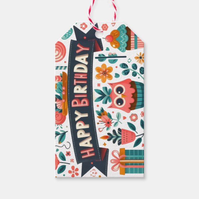 Whimsical Folk Art Glad Födelsedag Ugglan Blommig Presentetikett (Framsidan)