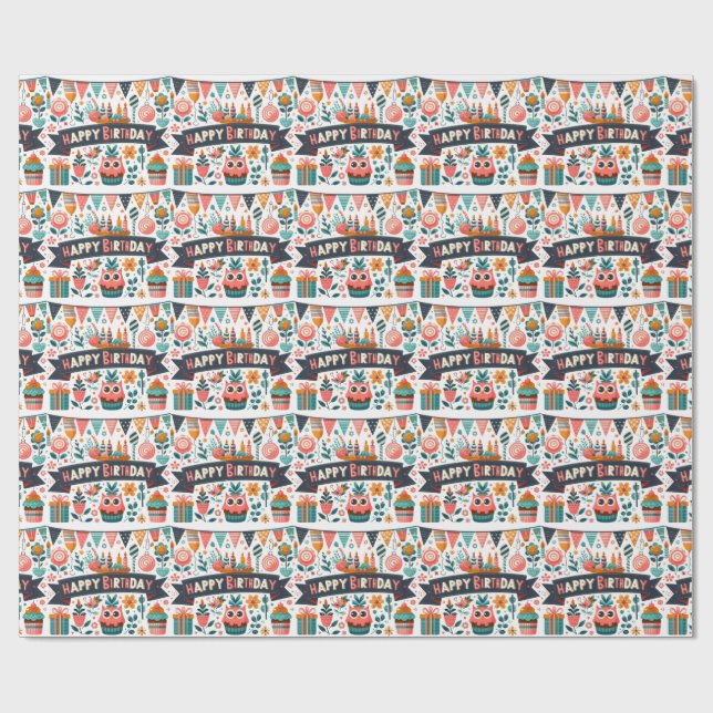 Whimsical Folk Art Glad Födelsedag Ugglan Blommig Presentpapper (Platt)