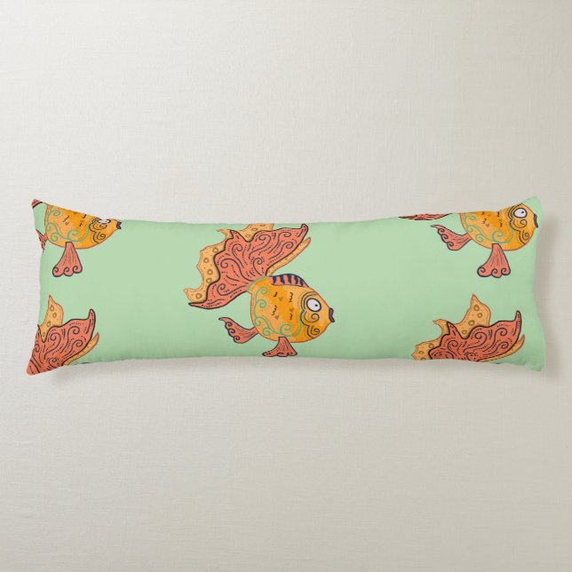 Whimsical Folk Art Guld Fisk | Boho Virvel Fantasi Kroppskudde (Framsidan)