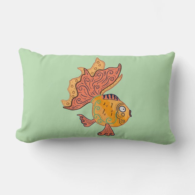 Whimsical Folk Art Guld Fisk | Boho Virvel Fantasi Lumbarkudde (Framsida)