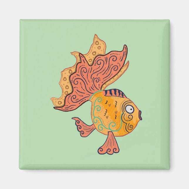 Whimsical Folk Art Guld Fisk | Boho Virvel Fantasi Magnet (Framsidan)