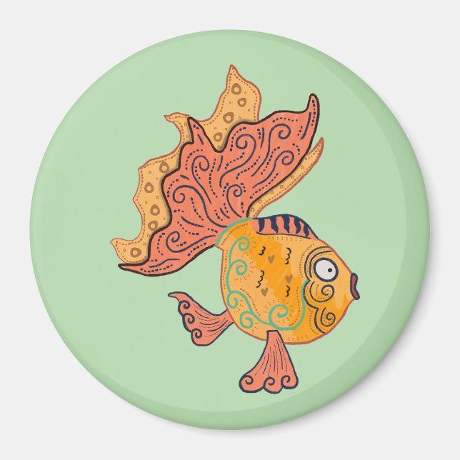 Whimsical Folk Art Guld Fisk | Boho Virvel Fantasi Magnet (Framsidan)