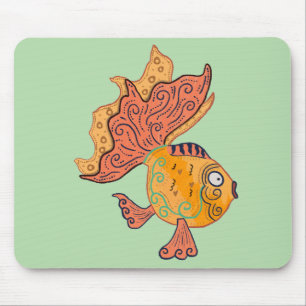 Whimsical Folk Art Guld Fisk Boho Virvel Fantasi Musmatta