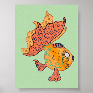 Whimsical Folk Art Guld Fisk | Boho Virvel Fantasi Poster