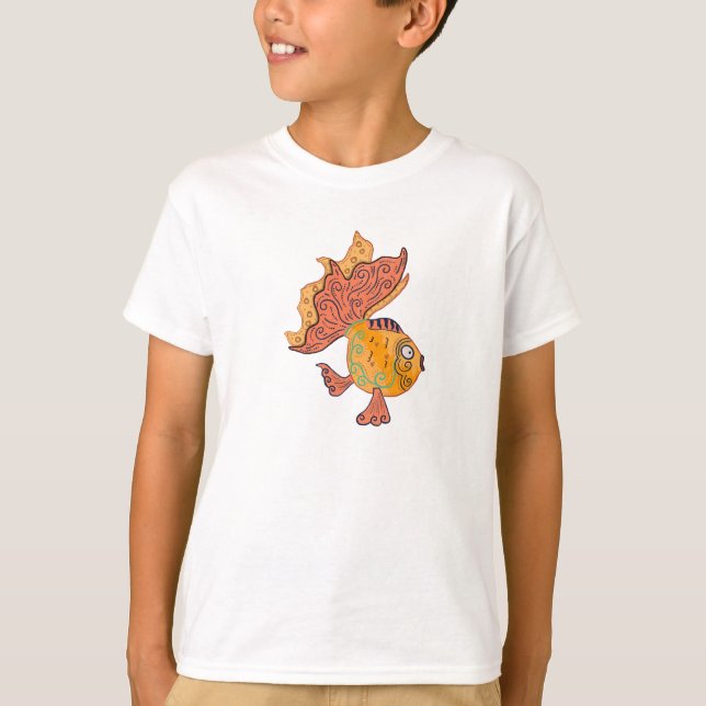 Whimsical Folk Art Guld Fisk | Boho Virvel Fantasi T Shirt (Framsida)